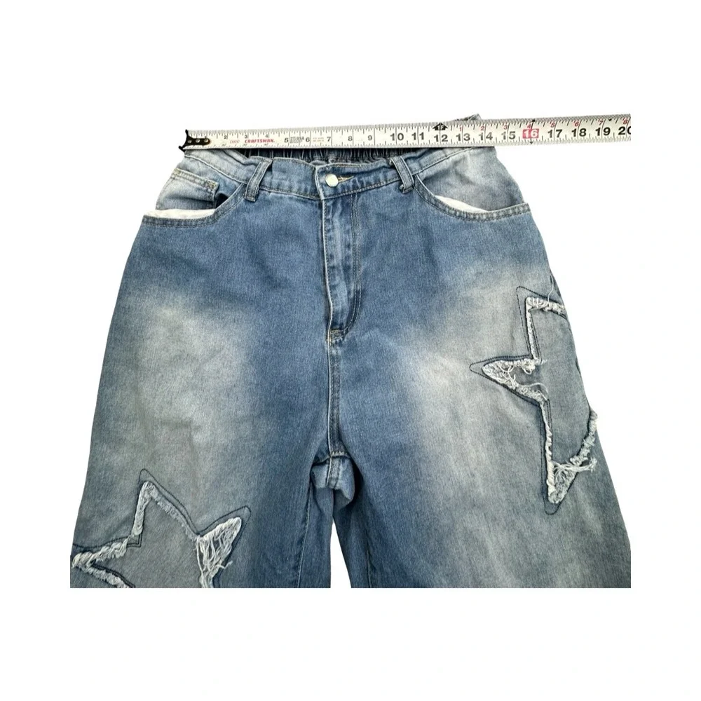SHEIN Curve Jeans Womens 0XL Light Wash Star Patchwork Wide Leg Distressed Denim - Picture 4 of 11